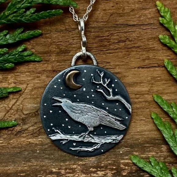 Jewelry - Medium Raven with Crescent Moons Pendant and Necklace #1405